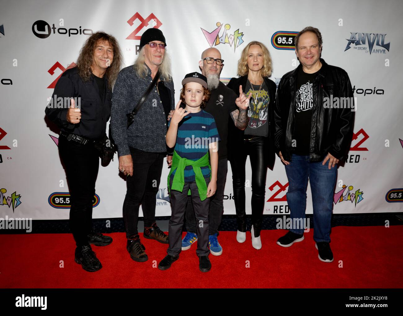 Los Angeles, CA - 22 settembre 2022 - Steve 'Lips' Kudlow, Robb Reiner, Scott Ian ed Eddie Trunk partecipano alla prima di The "Anvil! La storia dell’incudine” al Teatro Saban Foto Stock