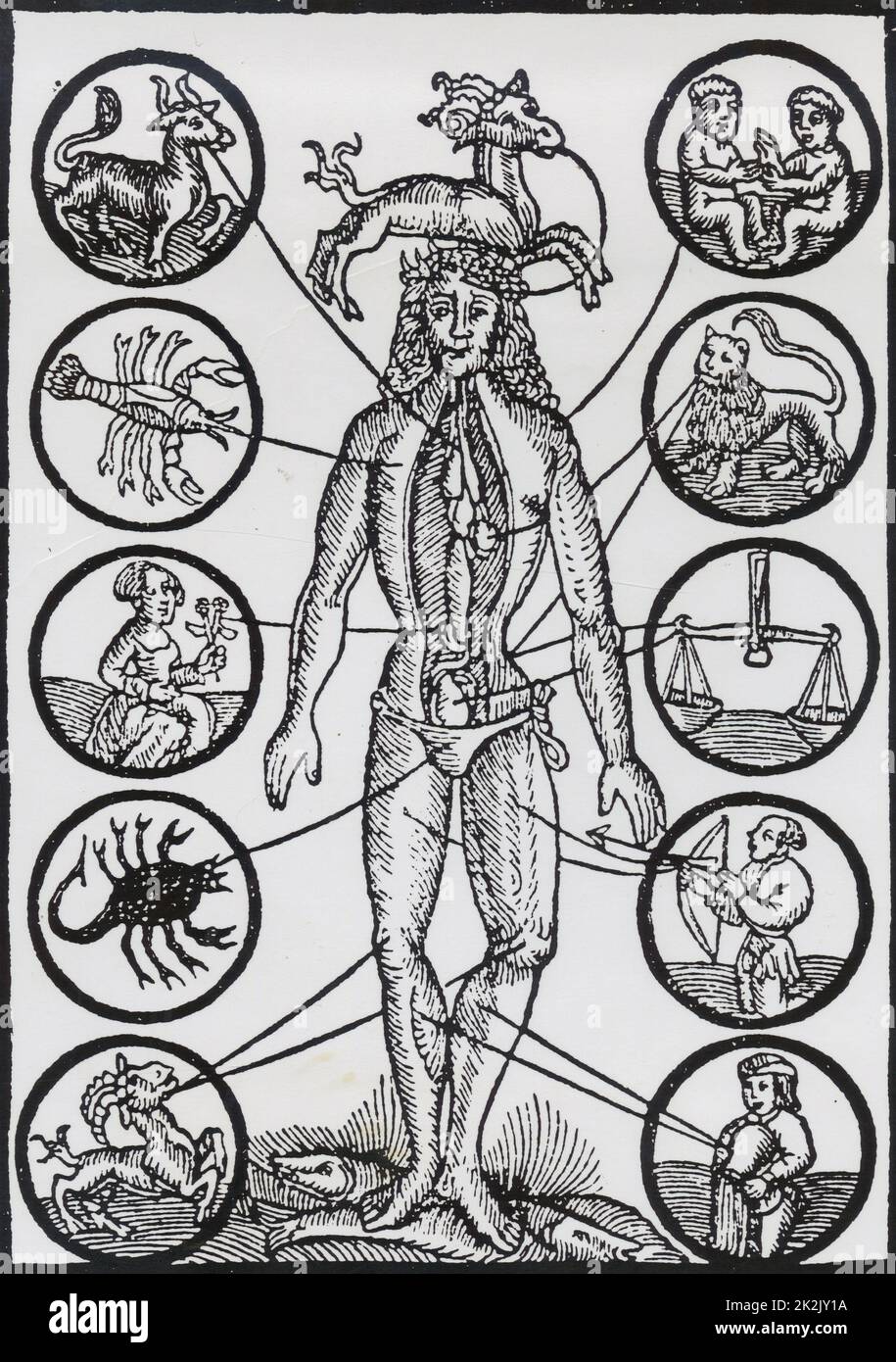 Un sangue-locazione uomo o poco sanguisuga, che mostra i punti di sangue-lasciando collegato con i segni dello zodiaco. Xilografia dal XVII secolo almanack. Foto Stock