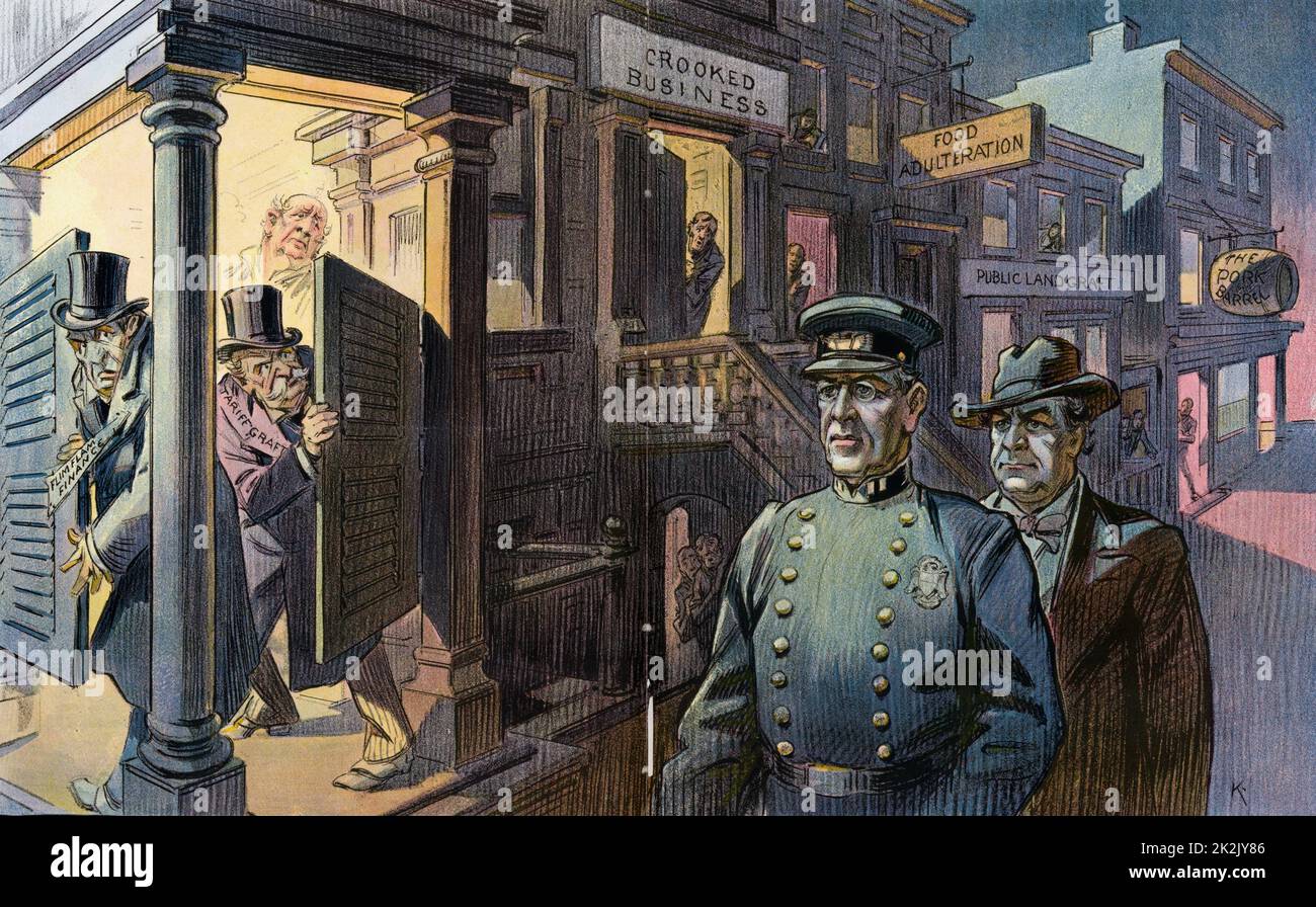C'è un nuovo capitano nel quartiere da Udo Keppler, 1872-1956, artista. Pubblicato da Keppler & Schwarzmann, Puck 1913 Marzo 26th. La figura mostra il presidente Wilson come un funzionario di polizia con William Jennings Bryan dietro di lui come essi a piedi giù per una strada fiancheggiata da edifici etichettato " Crooked Business, alterazione del cibo, terreni pubblici ad innesto, e la carne di maiale Barrel"; sono guardato da vicino da uomini guardando fuori portali e finestre, compresi due uomini etichettato 'Film Flam finanziare' e 'Tariffa graft". Foto Stock