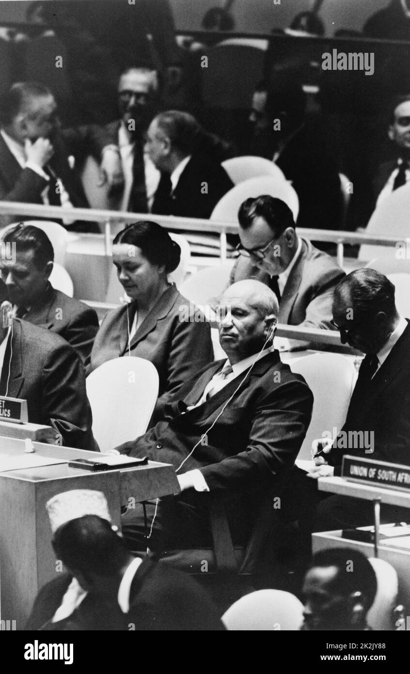 Nikita Khrushchev, leader dell'Unione delle Repubbliche socialiste sovietiche (Russia Sovietica), in occasione di una riunione dell' Assemblea generale delle Nazioni Unite, New York New York Settembre 1960 Foto Stock