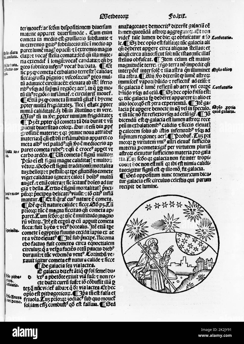 Pagina illustrata con vignette che mostra Aristotele? Rivolta verso le stelle nel cielo. la xilografia di Thomas Bricot, 1496] illustrazione in Textus abbreuiatus Aristotelis super octo libris Phisicorum & tota naturali philosophia, nuper un Magistro Thoma Bricot a Lione, Francia. Foto Stock