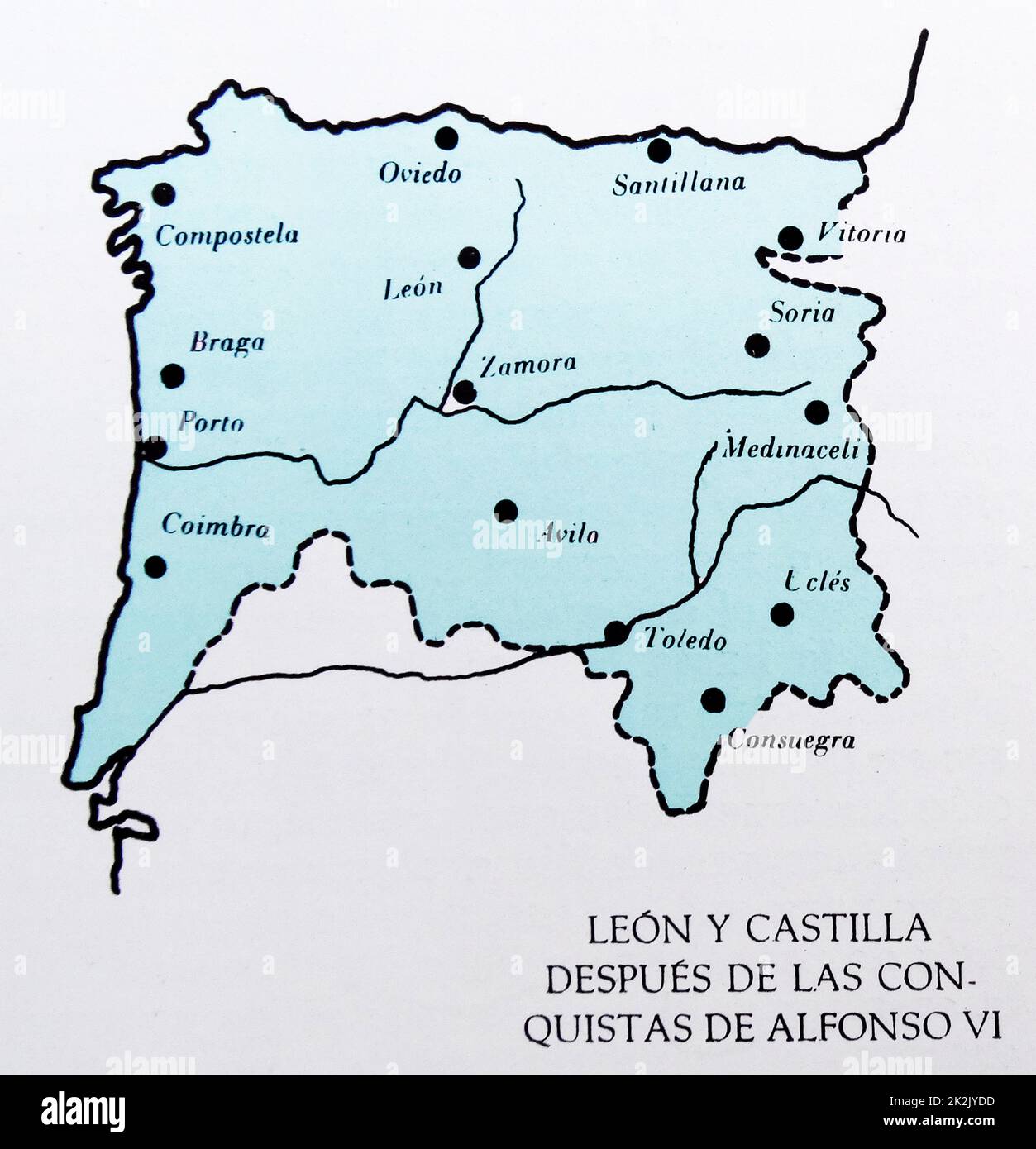 Mappa che mostra le province spagnole di Leon e Castiglia al tempo di re Alfonso VI. Alfonso VI (prima di giugno 1040 - 29 giugno e 1 luglio 1109), soprannominato il coraggioso (El Bravo) o la Valiant, fu re di León dal 1065, Re di Castiglia e León de facto re di Galizia dal 1072. Dopo la conquista di Toledo nel 1085 fu anche l'auto-proclamato victoriosissimo rege in Toleto, et in Hispania et Gallecia (la maggior parte dei Re vittorioso di Toledo e di Spagna e Galizia).[ Foto Stock