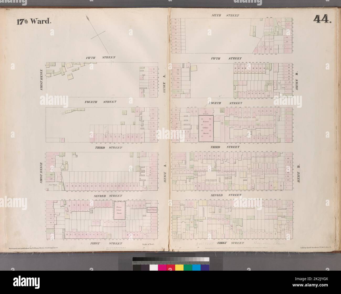 Cartografica, Mappe. 1853. Lionel Pincus e la Principessa Firyal Map Division. Manhattan (New York, N.Y.), Real Property , New York (state) , New York, targhetta di assicurazione antincendio 44: Mappa delimitata da Fifth Street, Avenue, A, Sixth Street, Avenue B, Houston, First Street, First Avenue Foto Stock