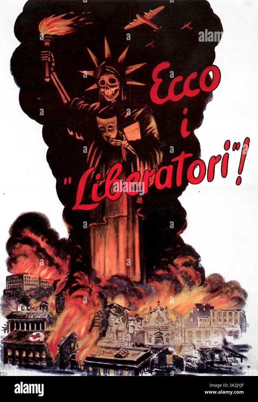 Manifesto della seconda guerra mondiale italiana. La didascalia recita «Ecco i liberatori» («Ecco i liberatori»). Mostra la Statua della libertà, togliendo la maschera per rivelare un angelo della morte, con le città italiane distrutte dopo i bombardamenti degli Stati Uniti. Pubblicato dal governo della Repubblica sociale Italiana (SALO) nel 1944. Foto Stock