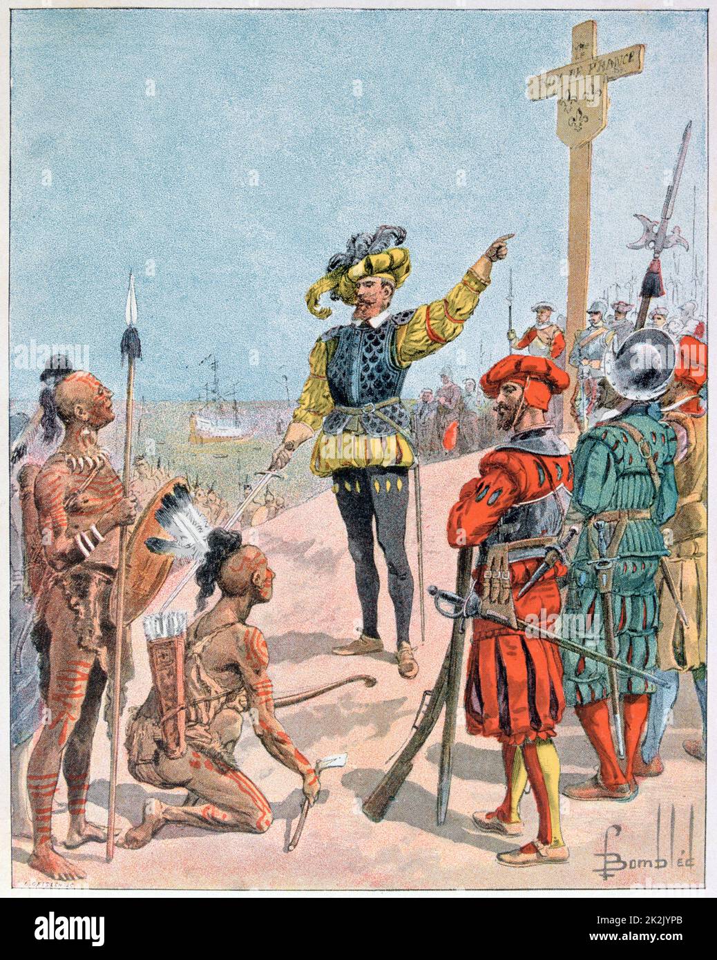 Jacques Cartier (1491-1557) esploratore francese nel suo primo viaggio in contatto con San Lorenzo Iroquoiesi il 24 luglio 1534, a Gaspe Bay, Canada, e piantando una croce di 10 metri che rivendica il territorio in nome della Francia. Foto Stock