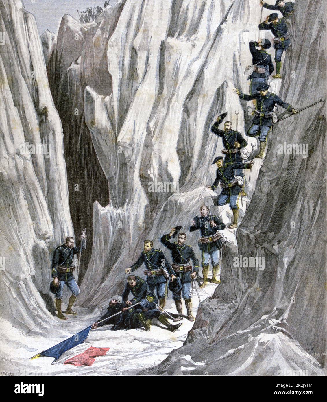 Alpina francese Chasseurs recuperando il corpo del tenente Bujon. Da "Le Petit Journal' 12 settembre 1891. In Francia, militare, esercito, Moutaineering, arrampicata, incidente Foto Stock