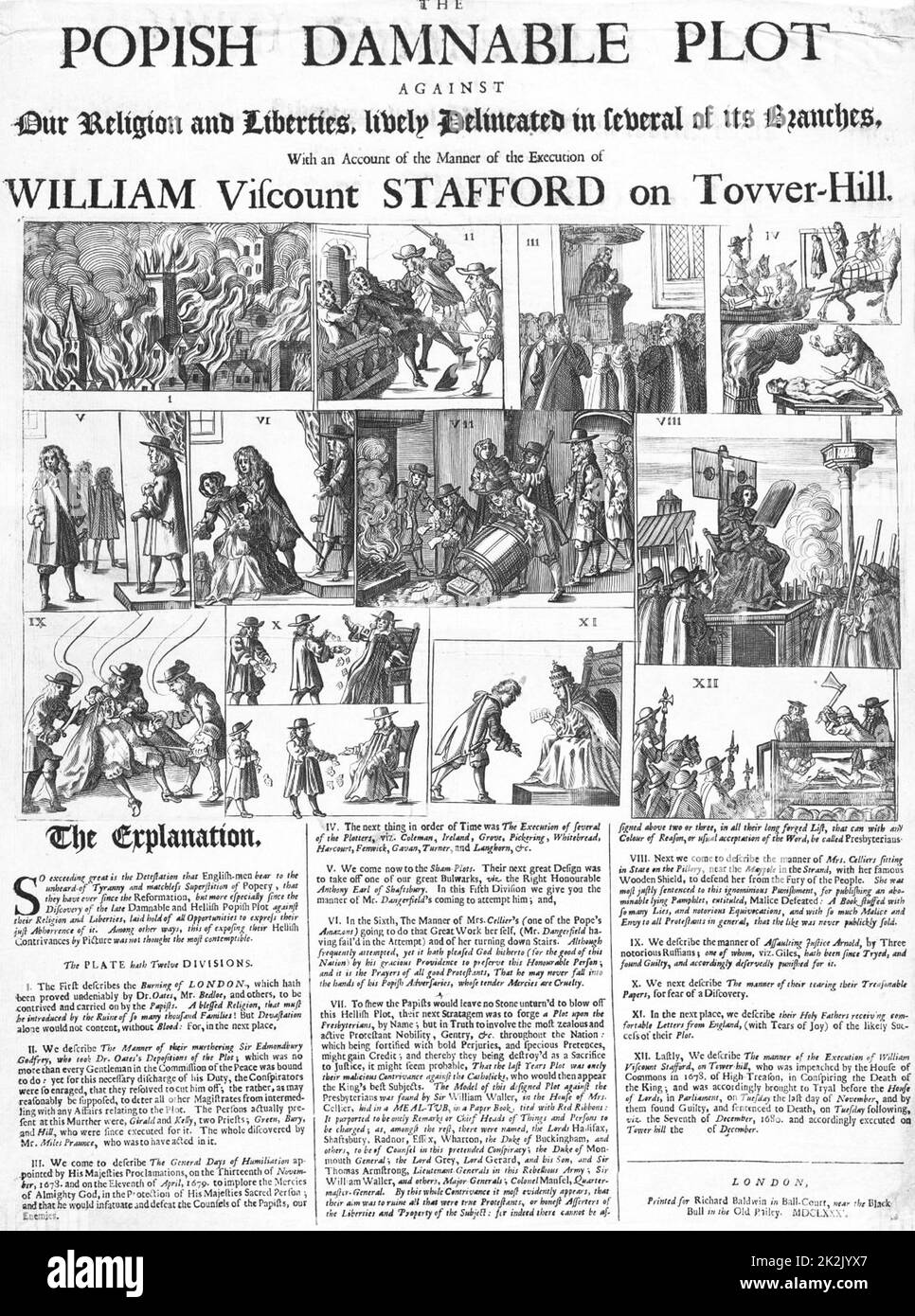 Broadsheet contemporaneo con raffigurazione di Sir Thomas Stafford e del Popish Plot Foto Stock