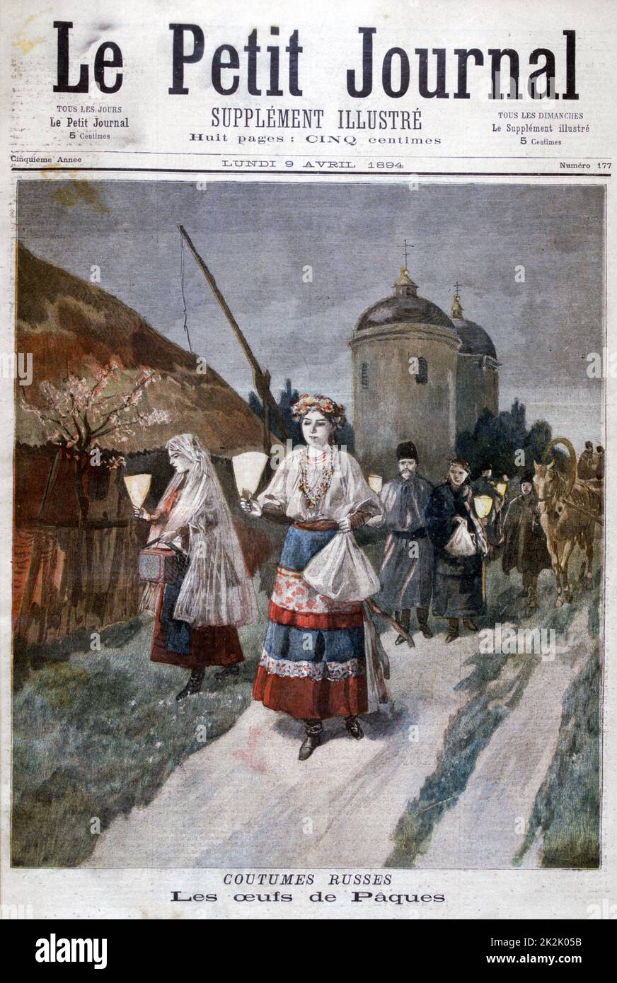 Costumi russi: Giovani donne in partenza la mattina di Pasqua, candele in mano, per distribuire uova dipinte alle case del loro villaggio. Da «le Petit Journal», Parigi, 9 aprile 1894. Foto Stock