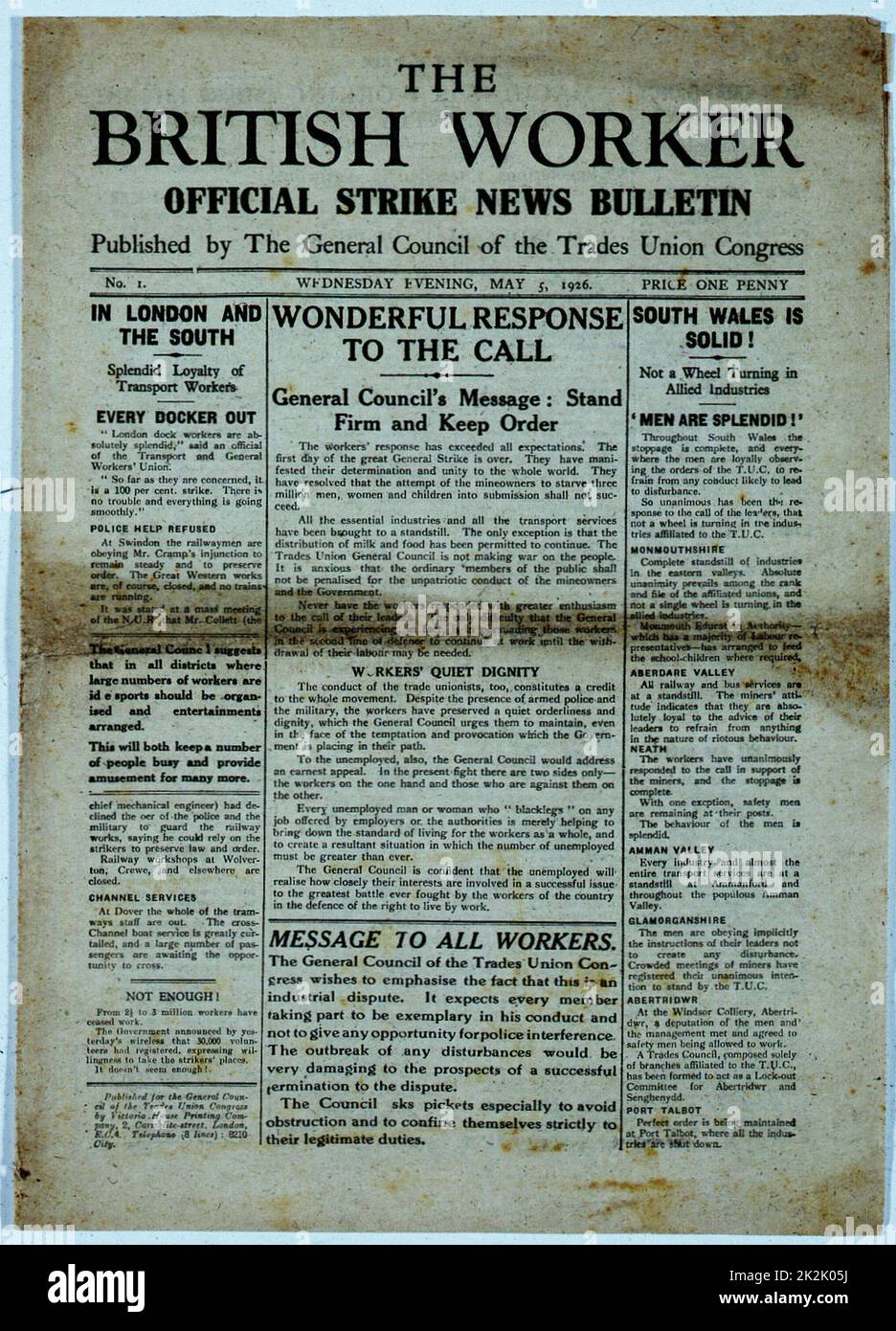 Pagina anteriore di "L'operaio britannico' pubblicato da sindacati Congresso il 5 maggio 1926 durante lo sciopero generale. Foto Stock
