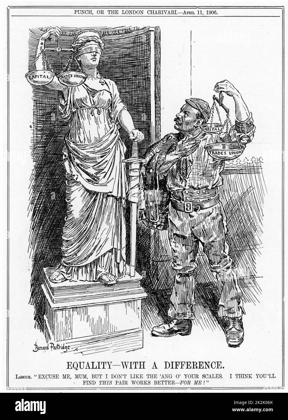 Contenziosi commerciali Act 1906: rovesciato 1901 Taff Vale sentenza che ha stabilito che i sindacati potrebbero essere citato in giudizio per il risarcimento dei danni. British workman raccontando la giustizia che la sua bilancia ha funzionato meglio di lei. Bernard Partridge cartoon da 'Foratura', Londra, 11 aprile 1906. Foto Stock