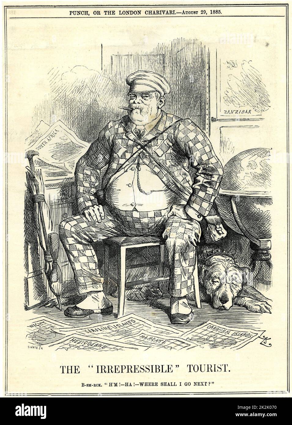 L' incontenibile turisti". Otto von Bismarck, Cancelliere della Germania, come illustrato da John Tenniel in 'Foratura' Londra, 29 agosto 1885, anno in cui ha rivolto la sua attenzione alla acquisizione di territori coloniali per la Germania. Foto Stock