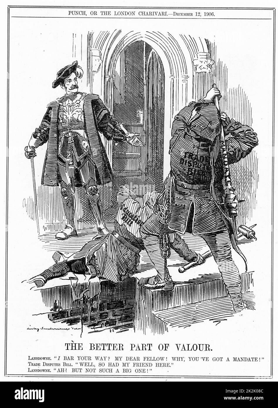 Contenziosi commerciali Act 1906: Nel 1901 la House of Lords ha accolto il Taff Vale sentenza che ha stabilito che i sindacati potrebbero essere citato in giudizio per danni causati dai propri funzionari. Sotto il patto Liberal-Labor che ha dato i liberali la maggioranza nel 1905 elezione generale. Foto Stock