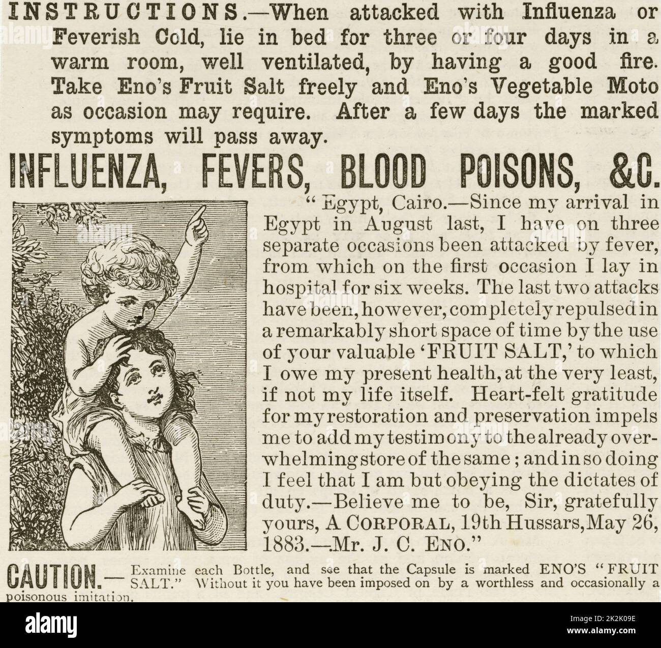 'Pubblicità per un brevetto medicina per curare l'influenza, un'infezione da virus che spesso causa epidemie. Londra, 1890." Foto Stock