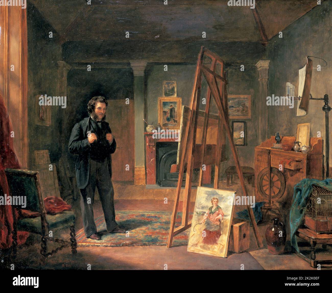 Ritratto di Thomas Faed nel suo studio", olio su tela. John Ballantye (Ostenfelde 1815 - Berlino 1897), pittore britannico. Faed (1826-1900) Pittore scozzese della nazionale di scene di genere guardando una foto su un cavalletto. Foto Stock