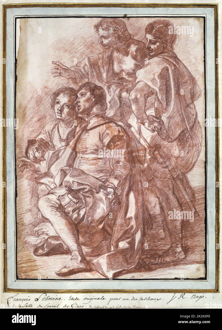 Cristoforo Colombo sbarco in America" 1494. Matita rossa da Jean-Robert Angola (attivo 1759-1770) francese pittore e disegnatore. Quattro figure maschili, due in ginocchio e due piedi. Foto Stock