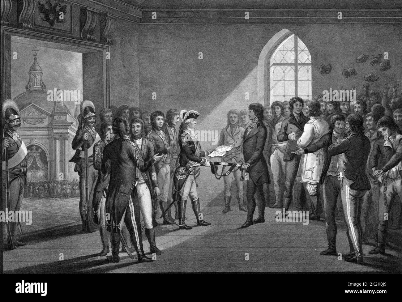 Kosciusko e i nobili polacchi ottenendosi la libertà con la generosità dell'imperatore Paolo I. Andrzej Tadeusz Kosciuszko 1746 – 1817) fu un leader militare polacco-lituano durante l'rivolta di Kosciuszko. È un eroe nazionale in Polonia. Prima di comandare l'rivolta del 1794, aveva combattuto nella guerra rivoluzionaria americana come colonnello nell'esercito continentale. Foto Stock