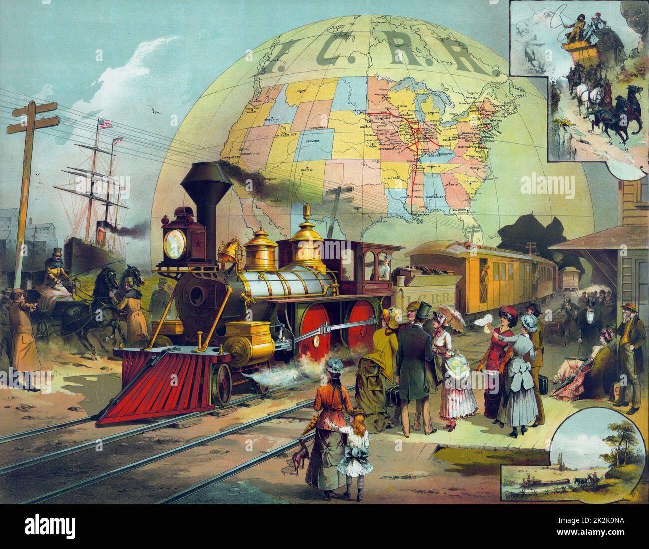 In treno in stazione su Illinois Central Railroad. Sfondo, una mappa delle linee ICRR in noi, c1882. Trasporto locomotiva a vapore faro Cowcatcher nave passeggeri Canal Barge Stagecoach Carrozza Telegraph America Chromolithograph Foto Stock
