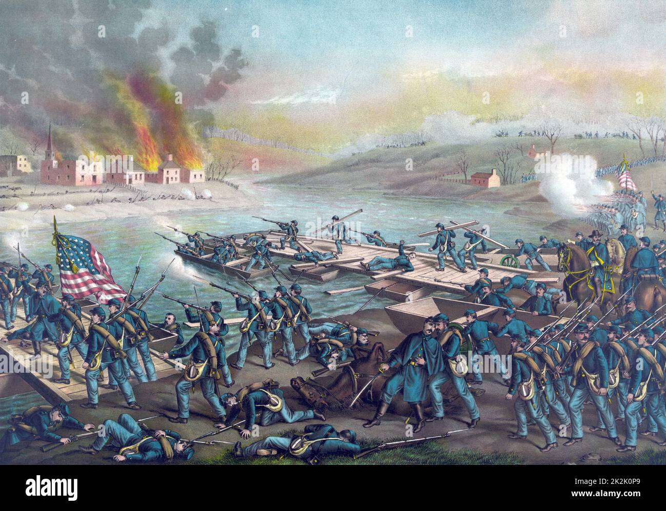 La guerra civile americana 1861-1865: la Battaglia di Fredericksburg, Virginia, 11-15 dicembre 1862. Armata del Potomac (unione) sotto Burnside attraversando il Rappahannock, 13 dicembre. Vittoria confederati sotto Lee. Kurz & Allison c1888 Foto Stock