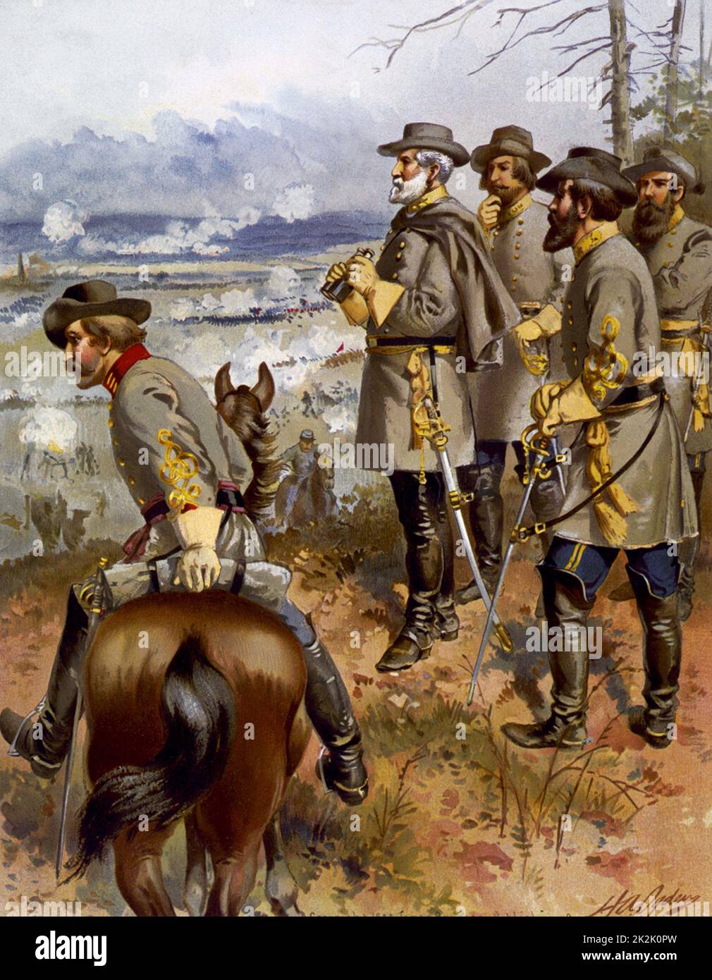 La guerra civile americana 1861-1865: la Battaglia di Fredericksburg, Virginia, 11-15 dicembre 1862. Generale confederato Robert e Lee con il suo staff ufficiali avanzamento della visualizzazione della battaglia. Lee ha sconfitto forze dell'Unione sotto generale Burnside. Stampare c1900. Foto Stock