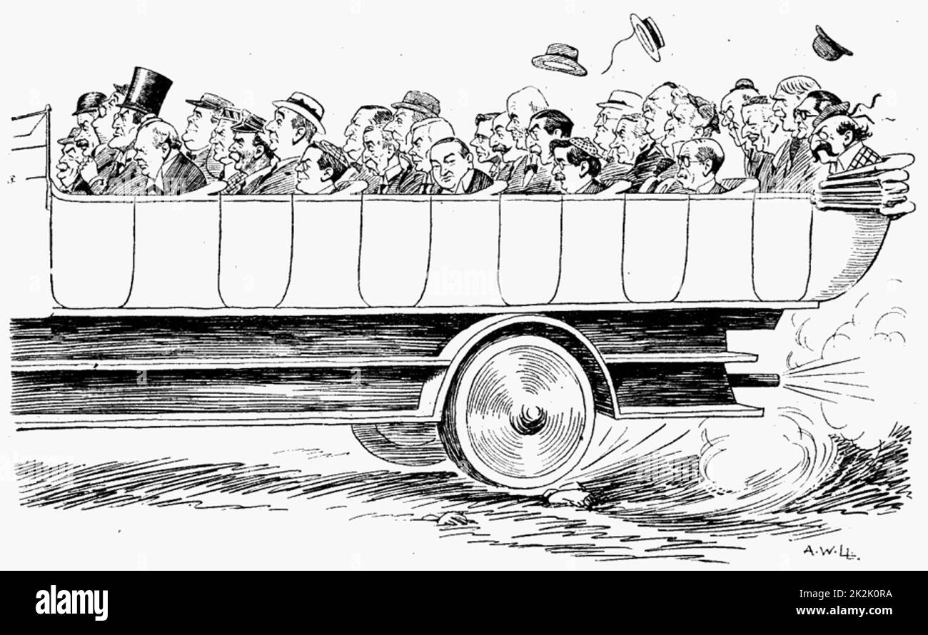 Andando verso il paese? Da 'Foratura', Londra, 18 agosto 1920. Lloyd George e i membri del suo governo di coalizione. Bancata anteriore: Lloyd George, Bonar diritto, Arthur Balfour, Austen Chamberlain e Winston Churchill . La Gran Bretagna la politica Foto Stock