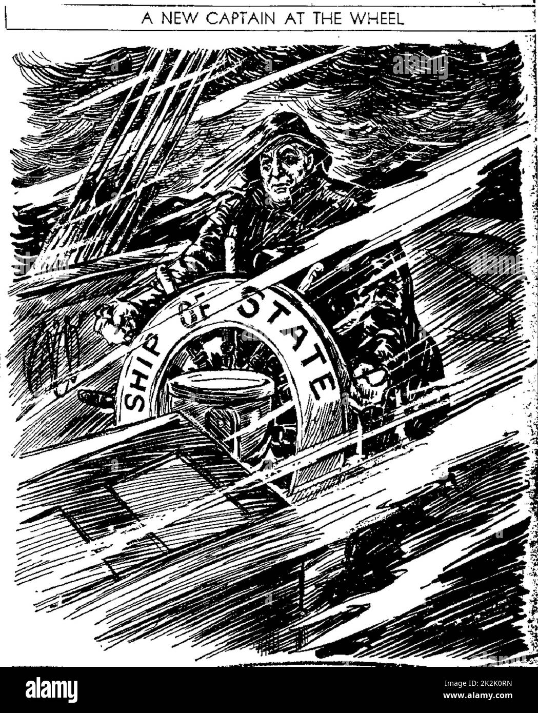 Cartoon raffigurante il presidente statunitense Franklin Roosevelt lo sterzo della 'ship di stato' attraverso il mare mosso della depressione economica nel mide 1930. Foto Stock