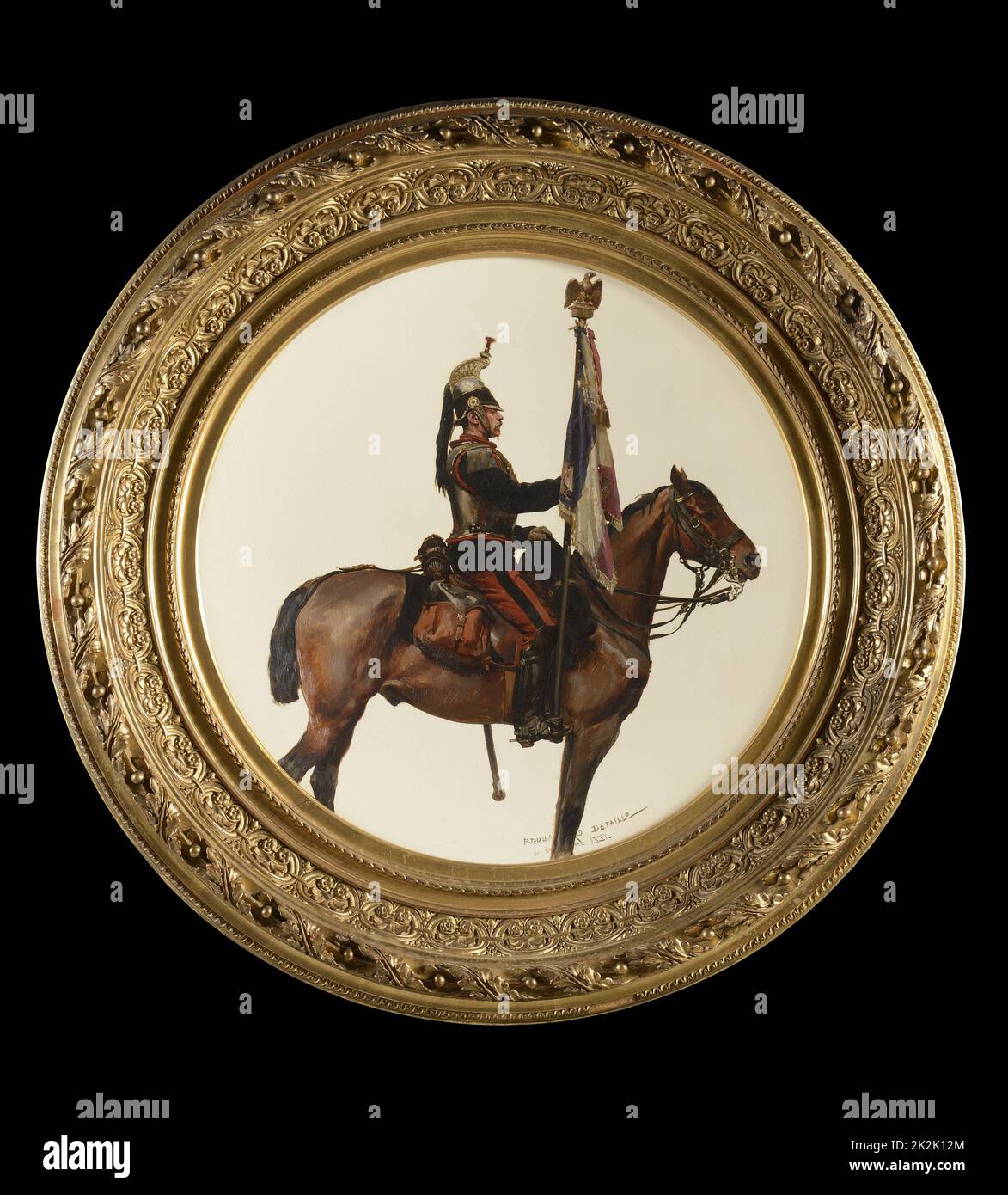 Edouard DETAILLE (1848-1912) Scuola francese Cuirassier porte-étendard, secondo Impero Cuirassier portatore standard 1881 piatto di porcellana 50 cm datato 31 dicembre 1881 ex collezione Christopher Forbes Collezione privata Foto Stock