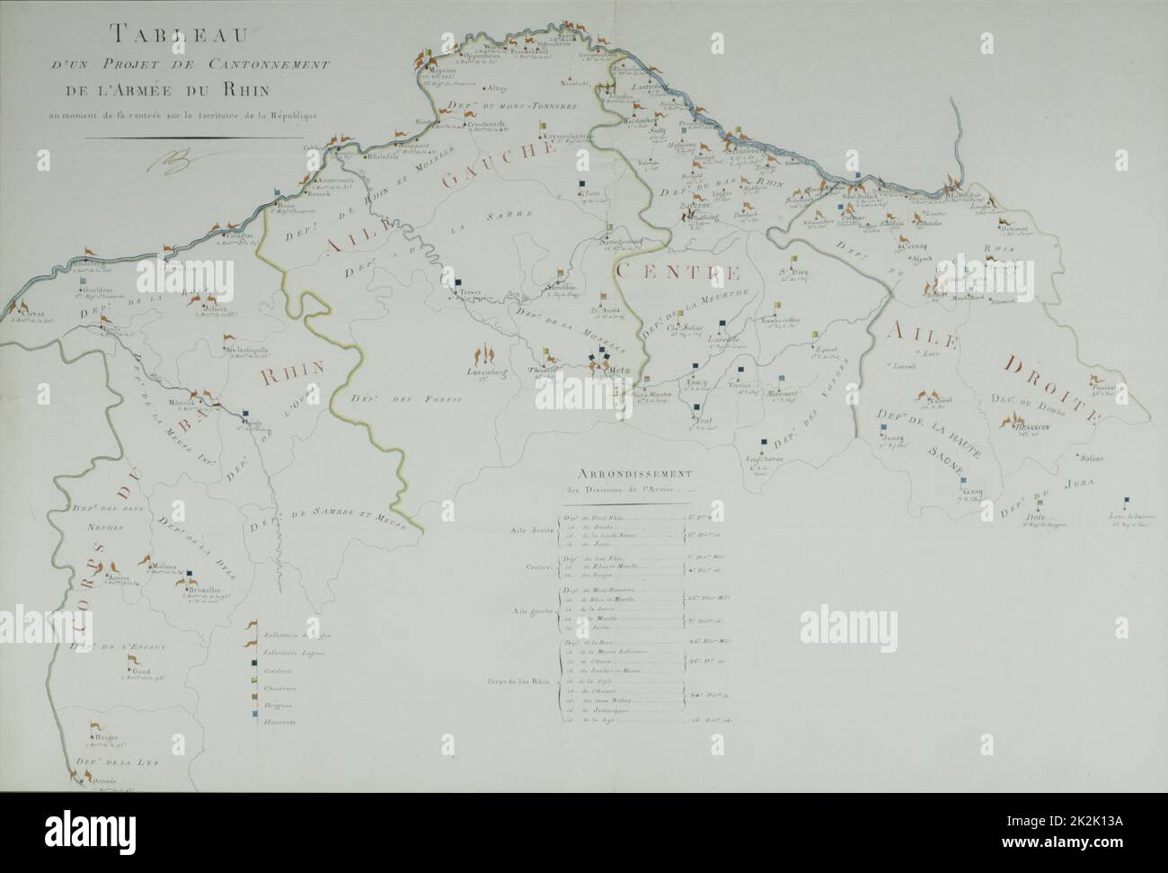 Mappa di stazionamento dell'esercito del Reno 1800 Mappa firmata dal generale Berthier, presentata al primo Console inchiostro e acquerelli (43,3 x 67 cm) Foto Stock