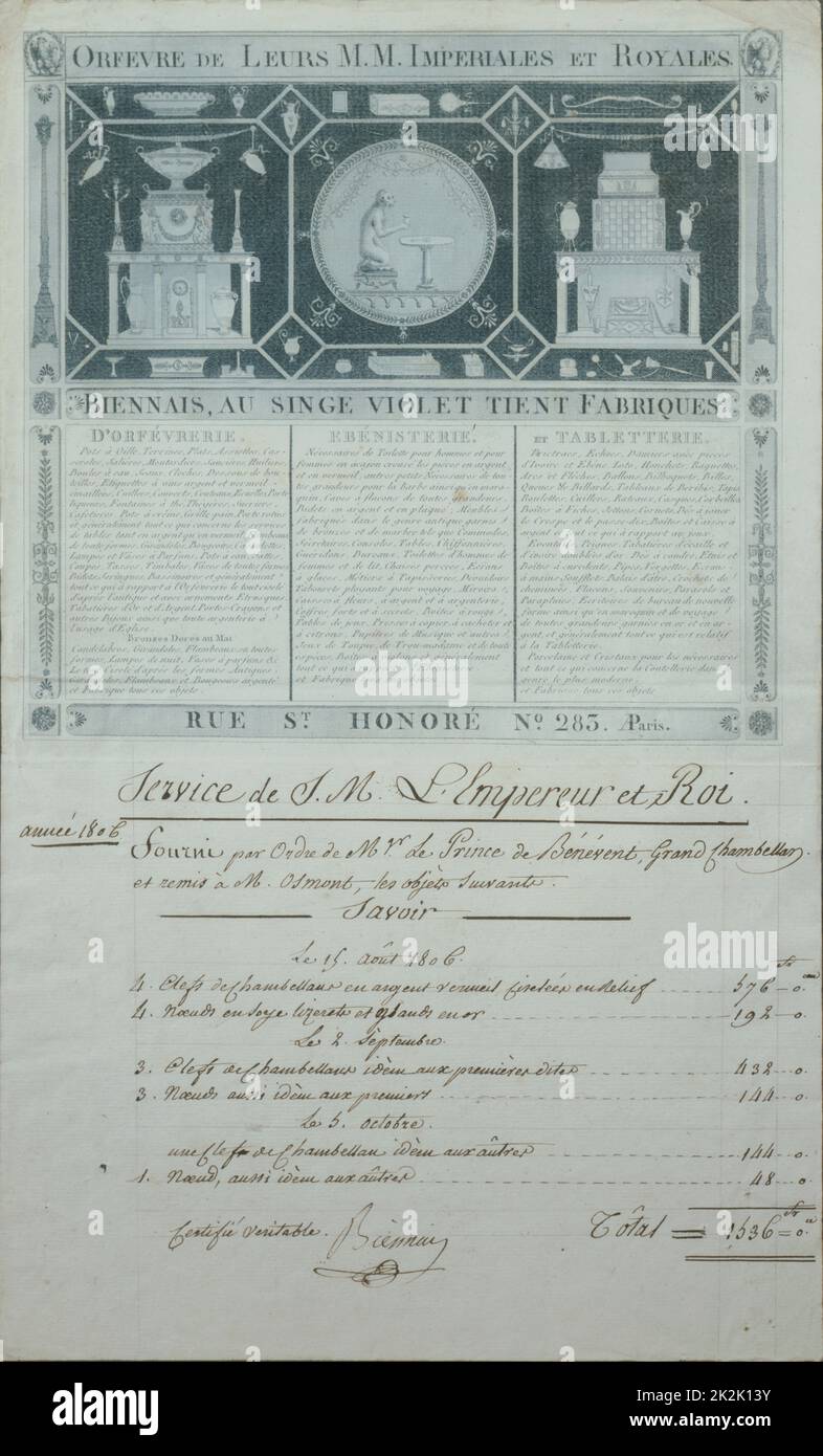 Martin-Guillaume Biennais, orefice della fattura Imperatore per le chiavi del Chamberlain, consegnato nel 1806 al Principe de Talleyrand 1 in-folio pagina firmata Biennais Foto Stock