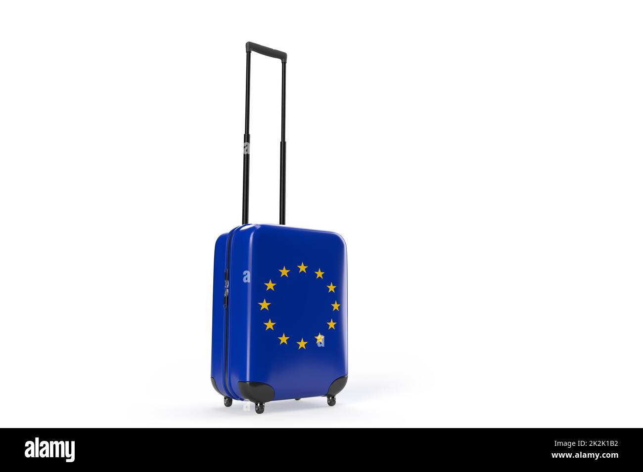 Valigia da viaggio con la bandiera dell'Unione europea. Concetto di viaggio. Isolato. Rendering 3D Foto Stock