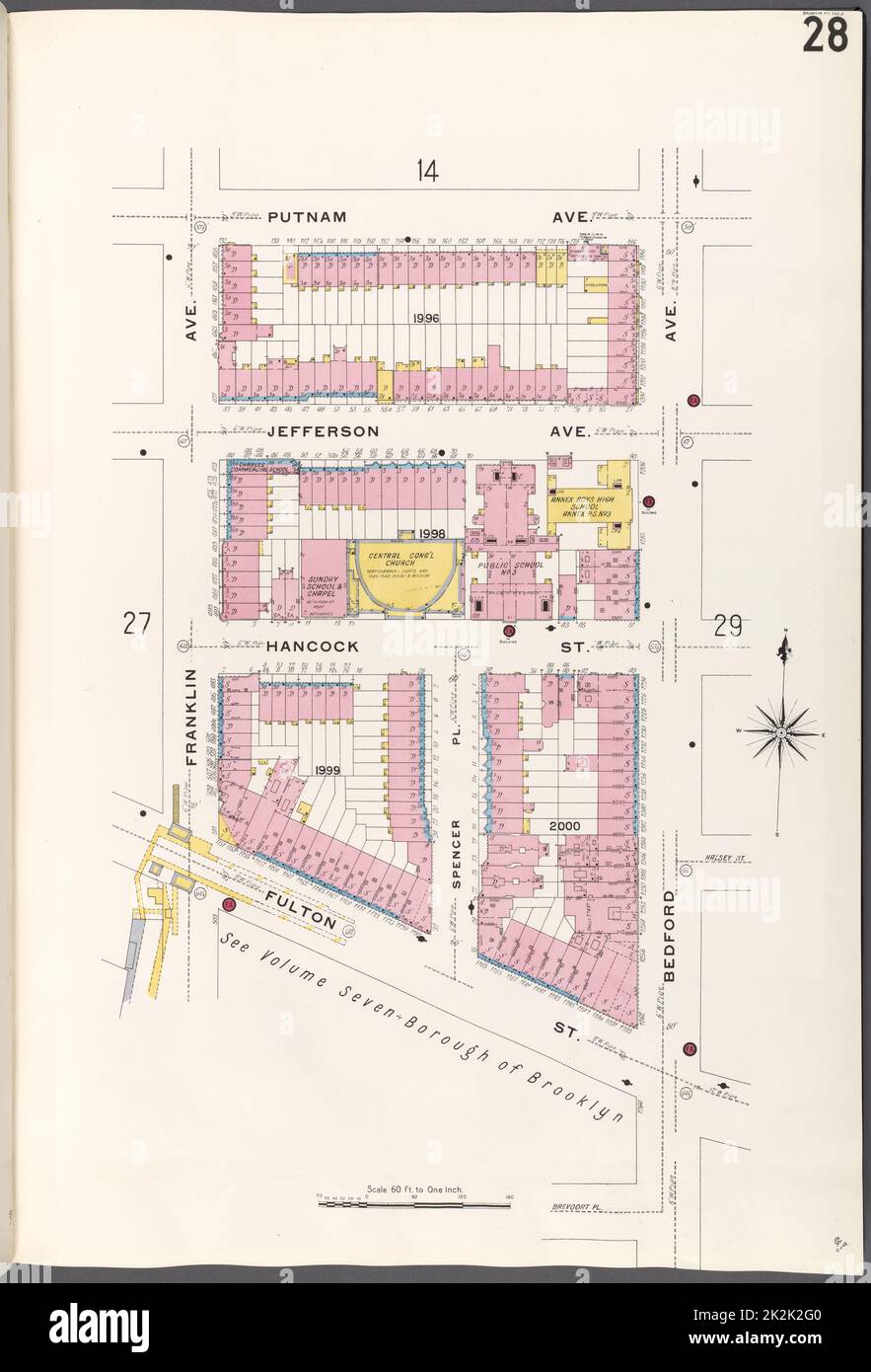 Cartografica, Mappe. 1884 - 1936. Lionel Pincus e la Principessa Firyal Map Division. Assicurazione antincendio , New York (stato), Real Property , New York (stato), Cities & Cities , New York (stato) Brooklyn V. 5, Plate No. 28 Mappa delimitata da Putnam Ave., Bedford Ave., Fulton St., Franklin Ave. Foto Stock