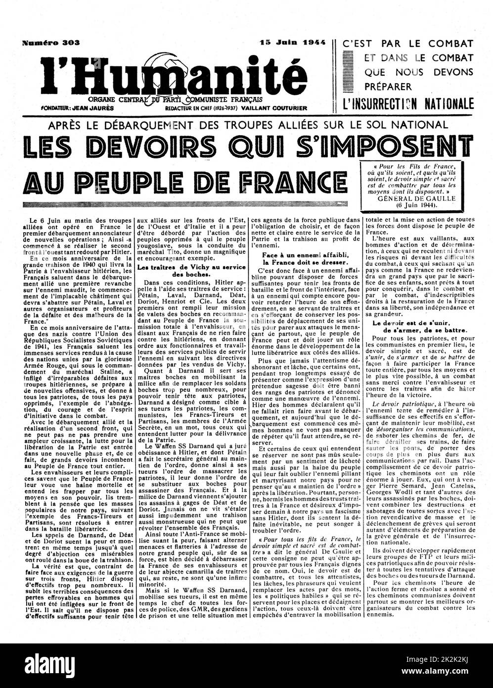 Copertina del giornale 'l'Humanité' dopo gli sbarchi alleati 15 giugno 1944 Francia - seconda guerra mondiale Collezione privata Foto Stock