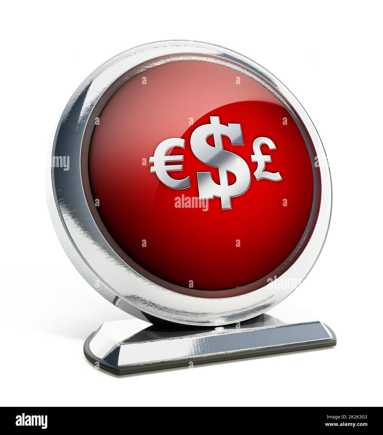 Pulsante rosso lucido con simboli di valuta. Illustrazione 3D Foto Stock