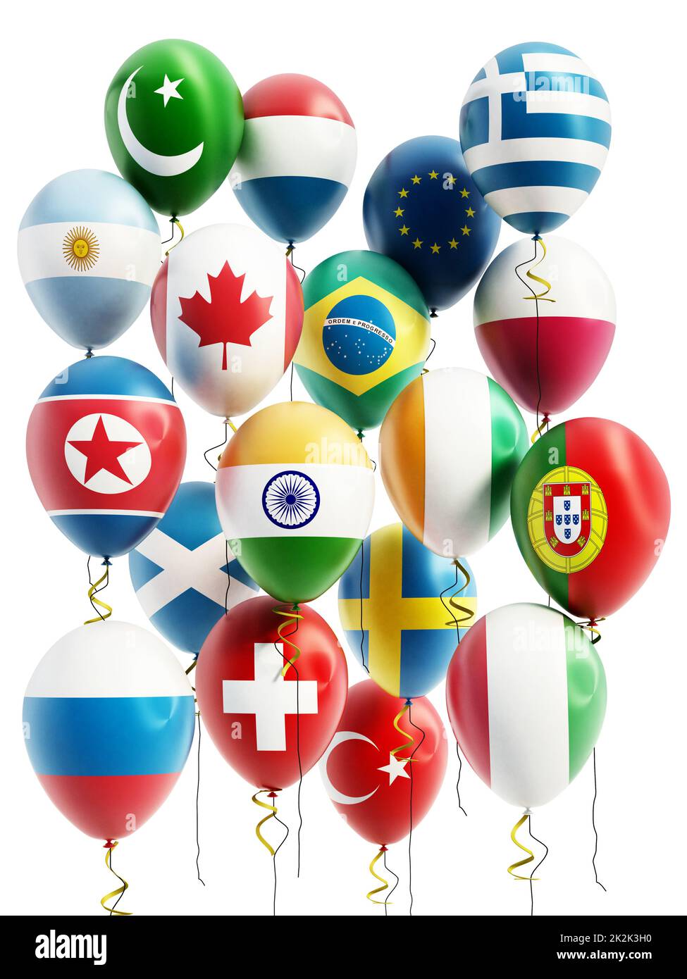 Palloncini volanti di vari paesi. Illustrazione 3D Foto Stock