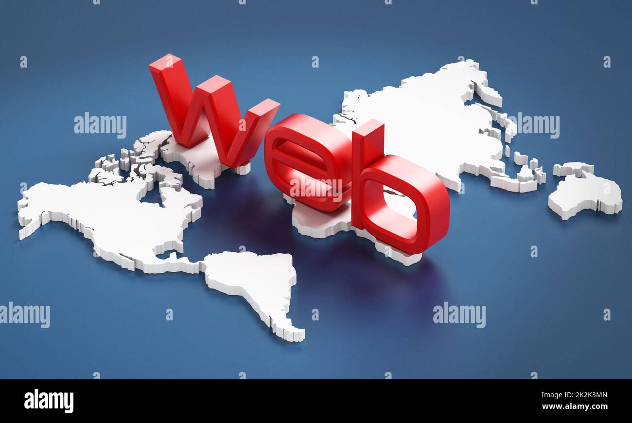 Parola web rossa sulla mappa della Terra. Illustrazione 3D Foto Stock