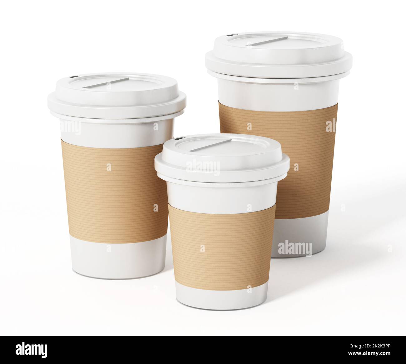 Tazze di caffè di varie dimensioni isolate su sfondo bianco. Illustrazione 3D Foto Stock