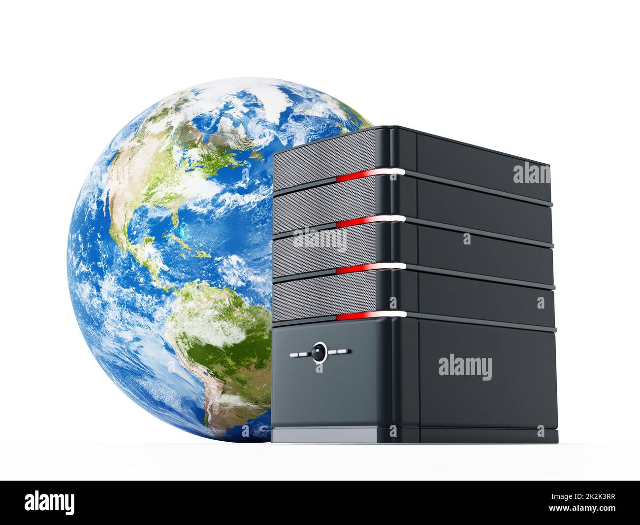 Scatola nera del computer davanti al modello di messa a terra. Illustrazione 3D Foto Stock