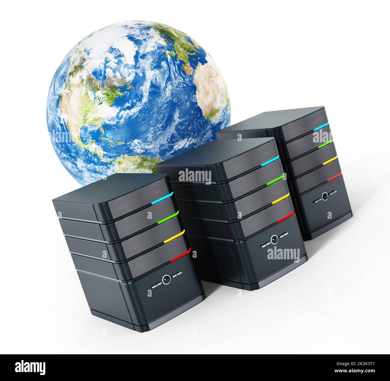 Scatole nere del calcolatore davanti al modello di messa a terra. Illustrazione 3D Foto Stock