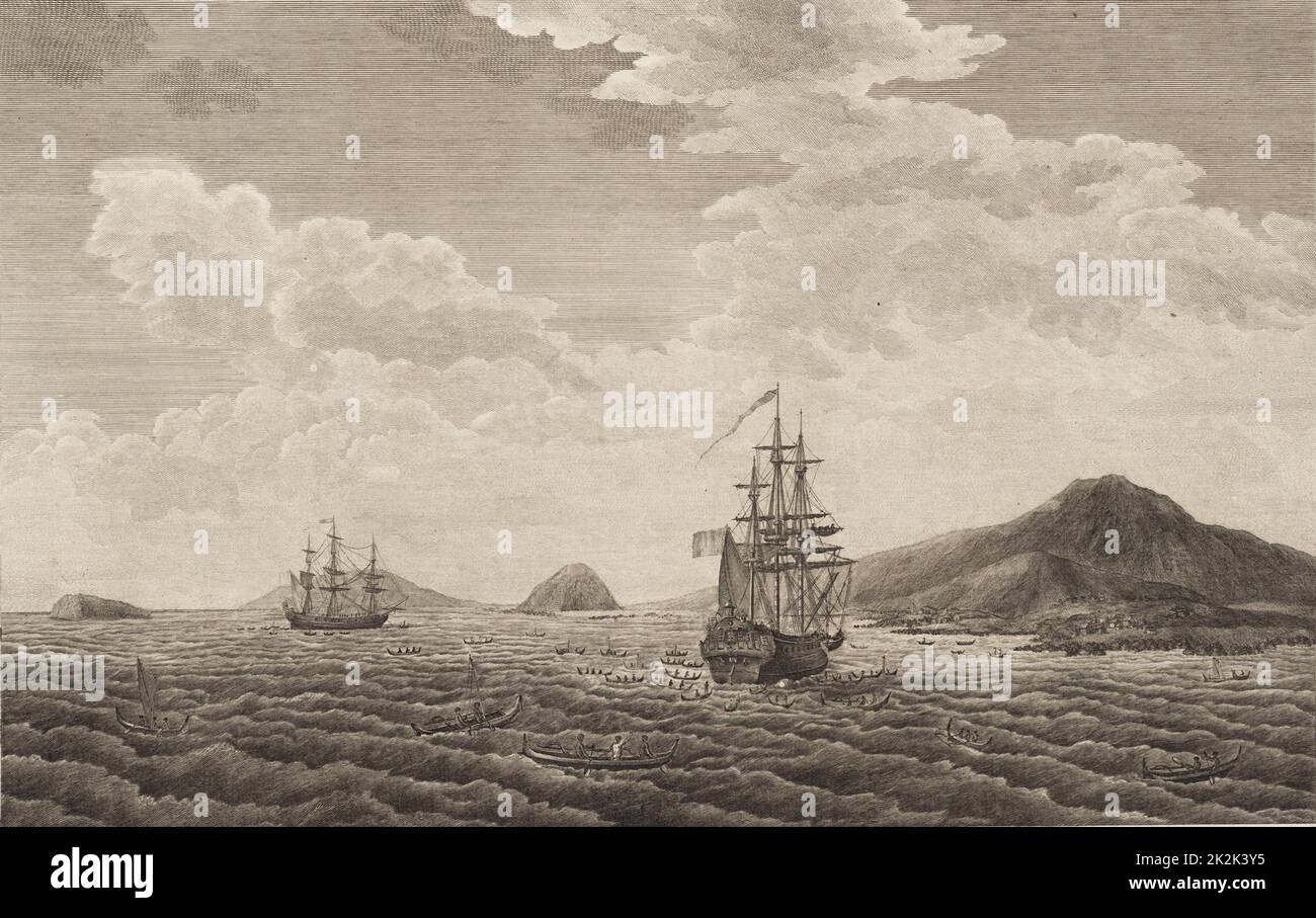 Les frégates l'Astrolabe et la Boussole au mouillage devant l'île de Maui (archipel d'Hawai) en 1786 gravure Foto Stock
