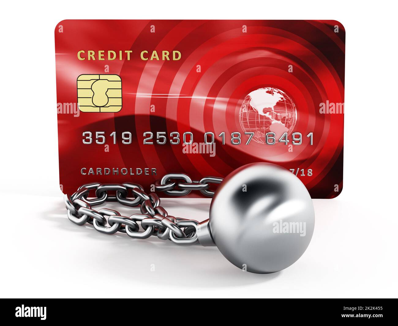 Sfera e catena collegati alla carta di credito. illustrazione 3d Foto Stock