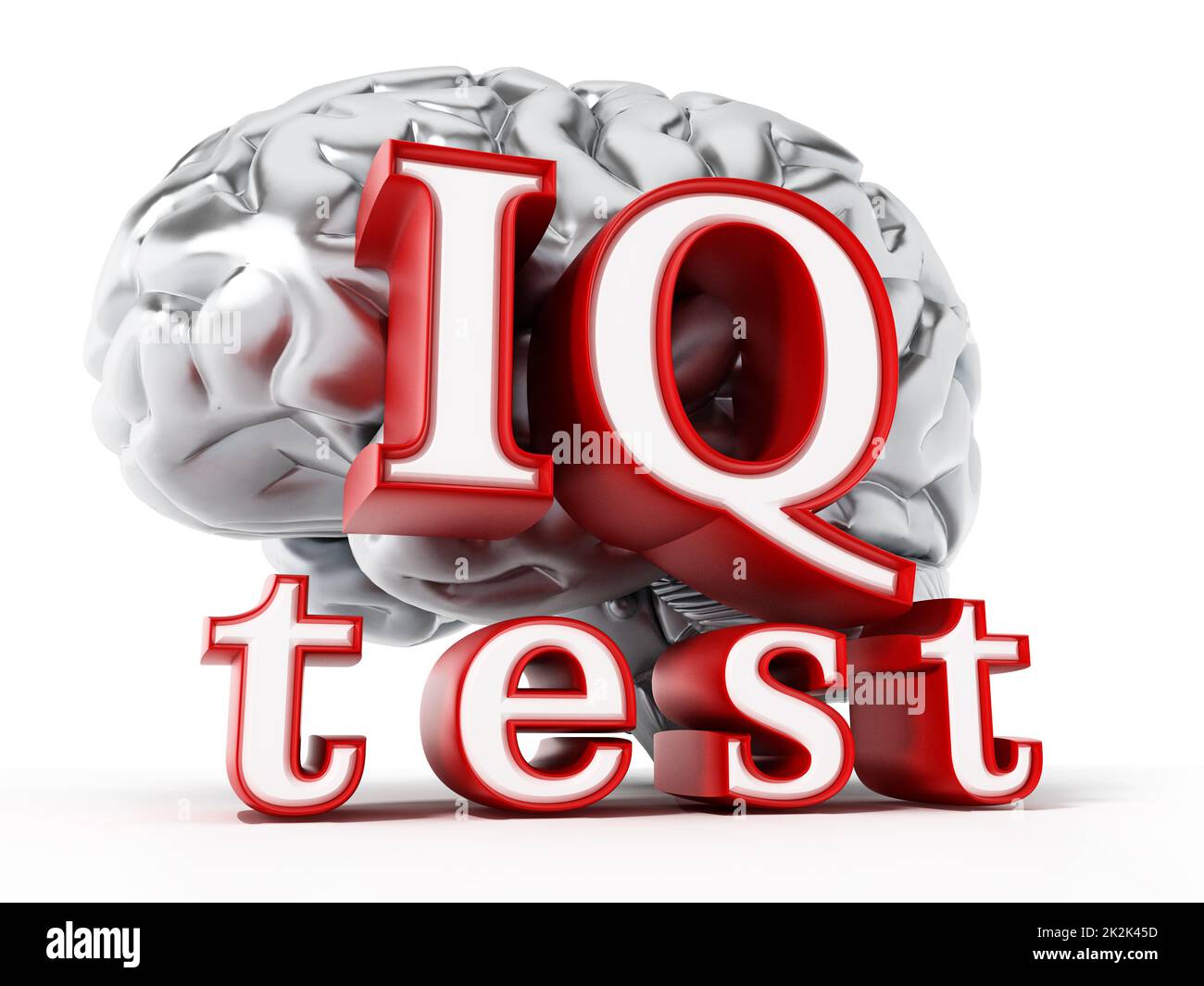 Cervello umano e testo del test IQ isolato su sfondo bianco. Illustrazione 3D Foto Stock