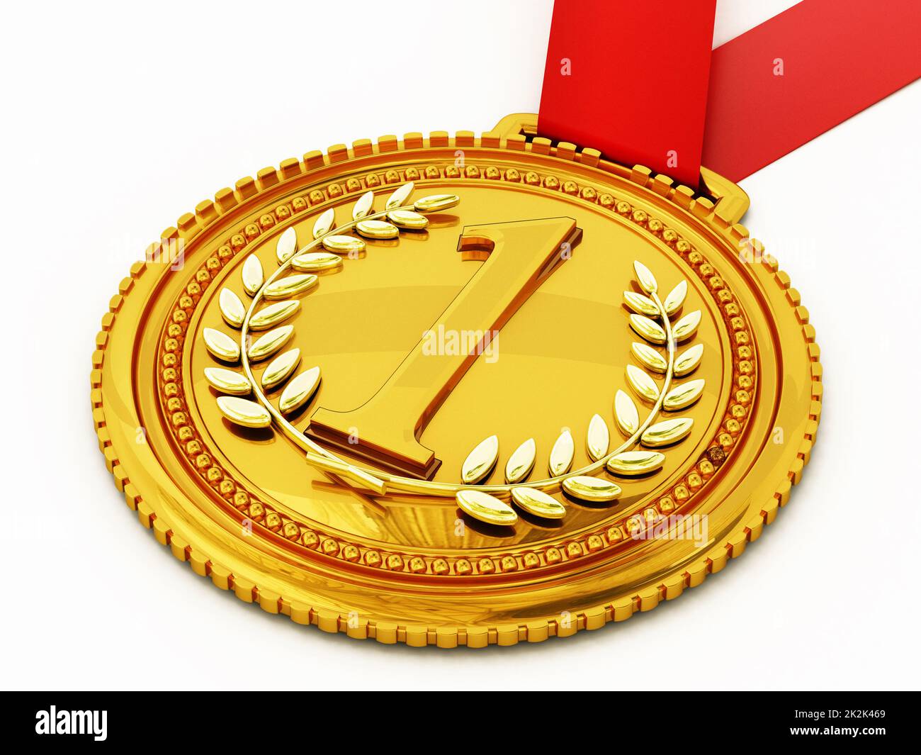 Medaglia d'oro con numero uno e allori. Illustrazione 3D Foto Stock