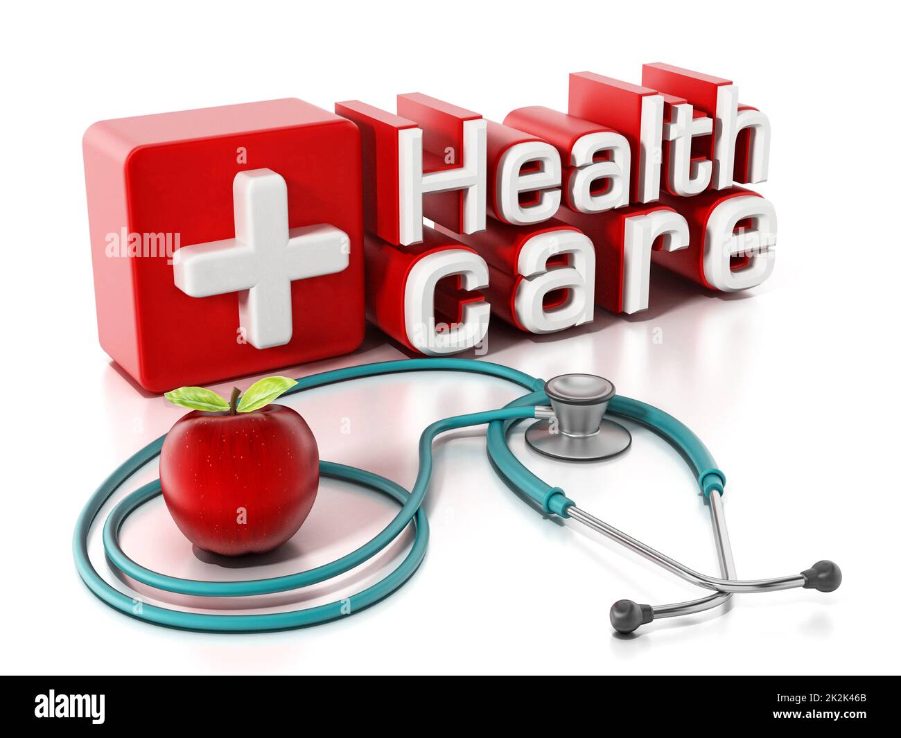 Testo sanitario, stetoscopio e mela rossa. Illustrazione 3D Foto Stock