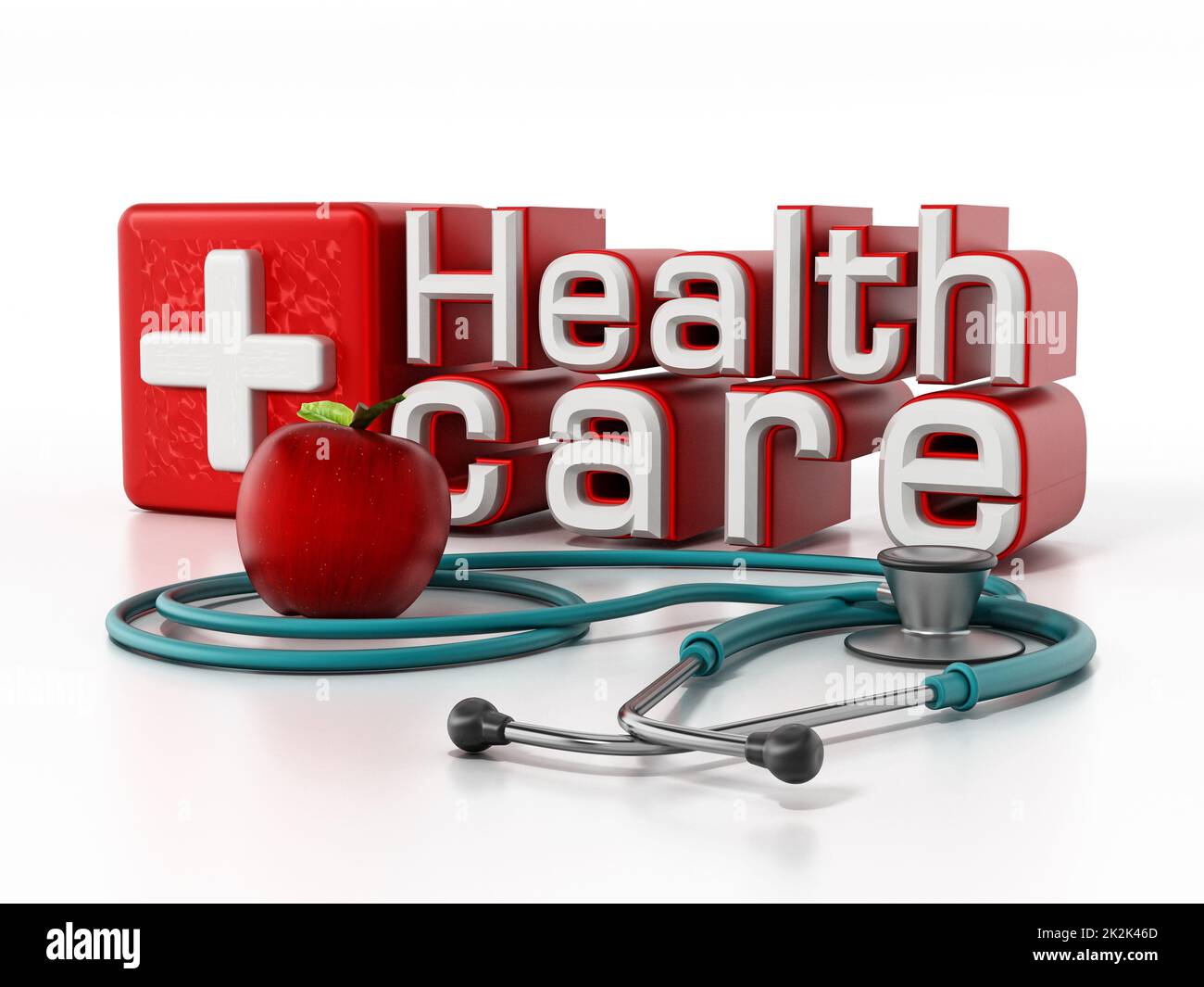 Testo sanitario, stetoscopio e mela rossa. Illustrazione 3D Foto Stock