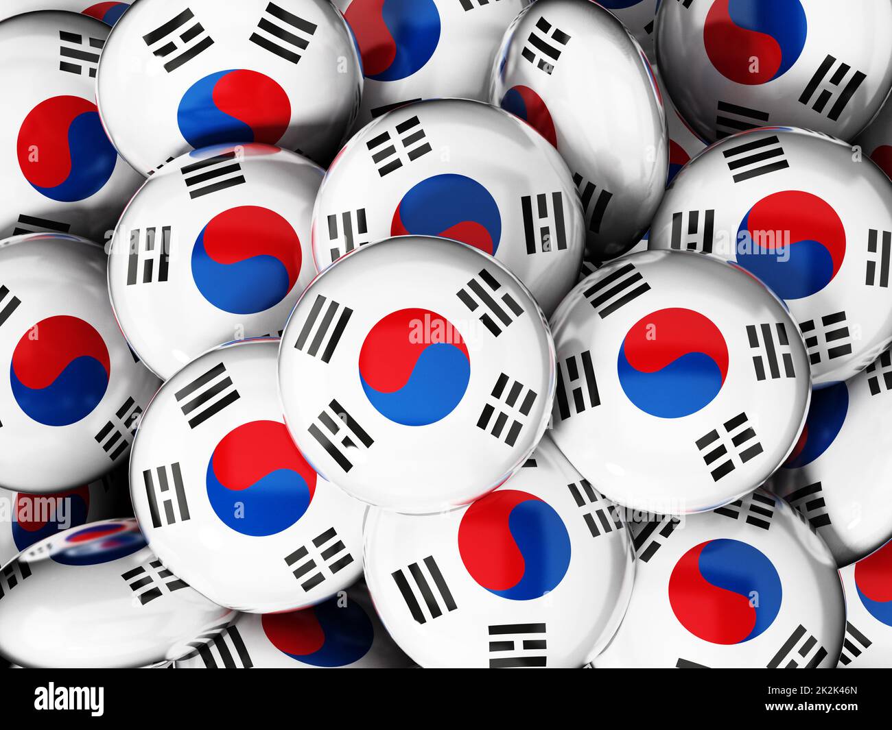 Pila di bottoni con bandiera della Corea del Sud. Illustrazione 3D Foto Stock
