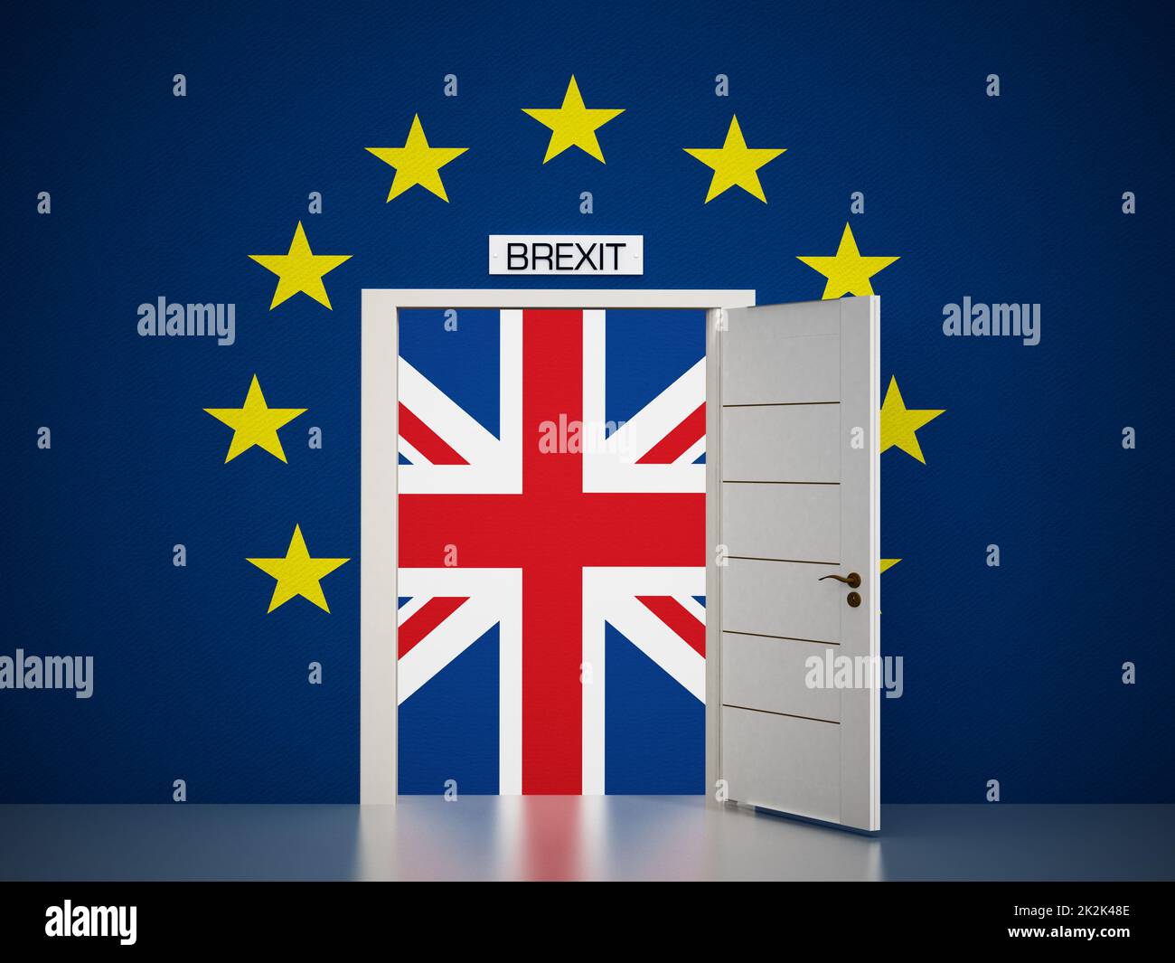 Mappa dell'Unione europea intorno alla porta aperta che porta alla bandiera britannica. Illustrazione 3D Foto Stock