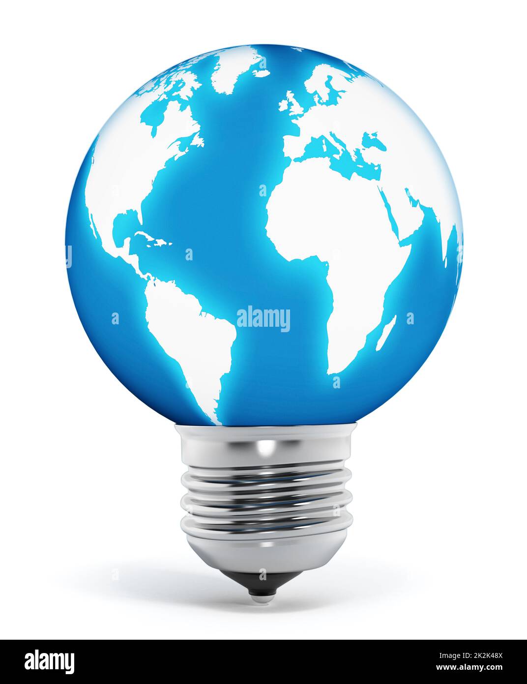 La terra blu è all'estremità della lampadina. Illustrazione 3D Foto Stock
