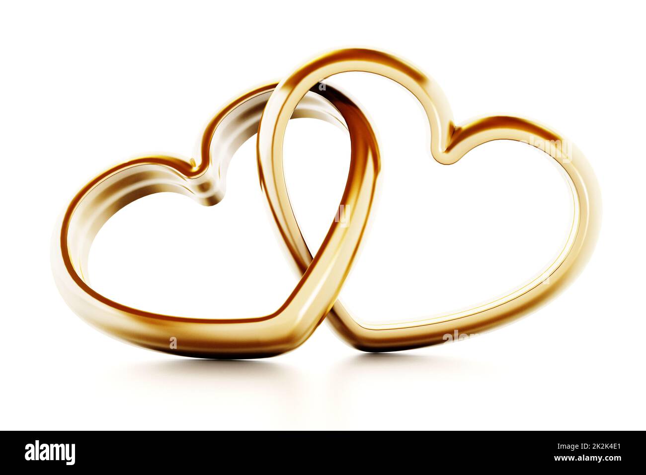 Anelli dorati a forma di cuore fissati l'uno all'altro. Illustrazione 3D Foto Stock