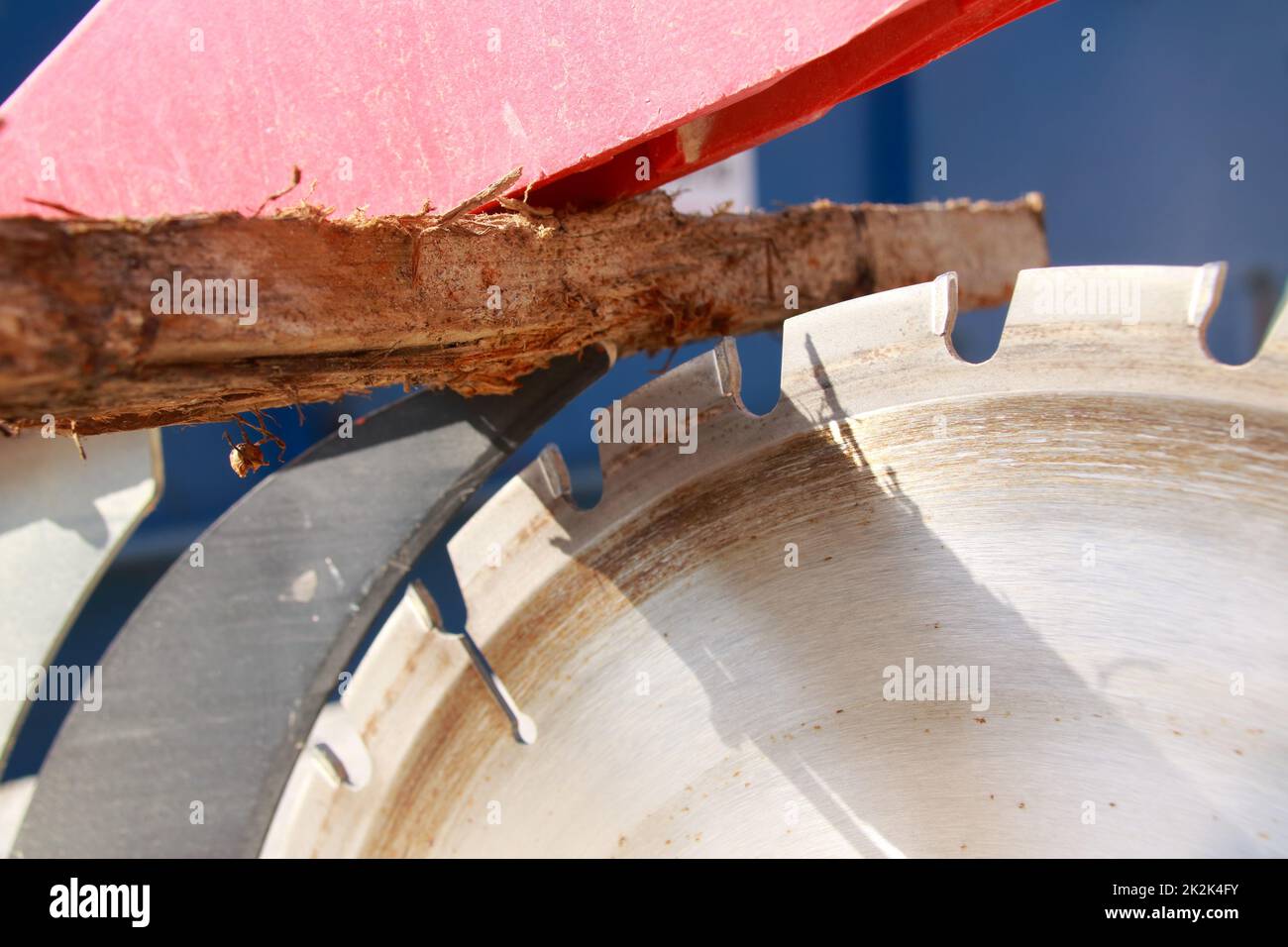 Protezione delle mani su una sega circolare è stato bloccato da un pezzo di legno Foto Stock