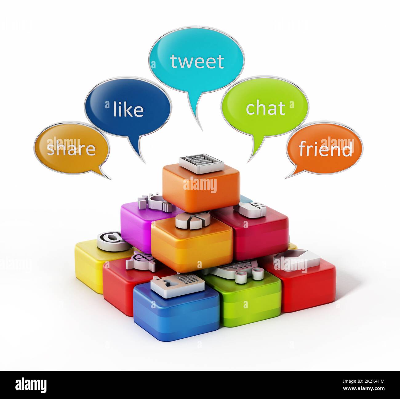 Palloncini vocali e cubi di software applicativo. Illustrazione 3D Foto Stock