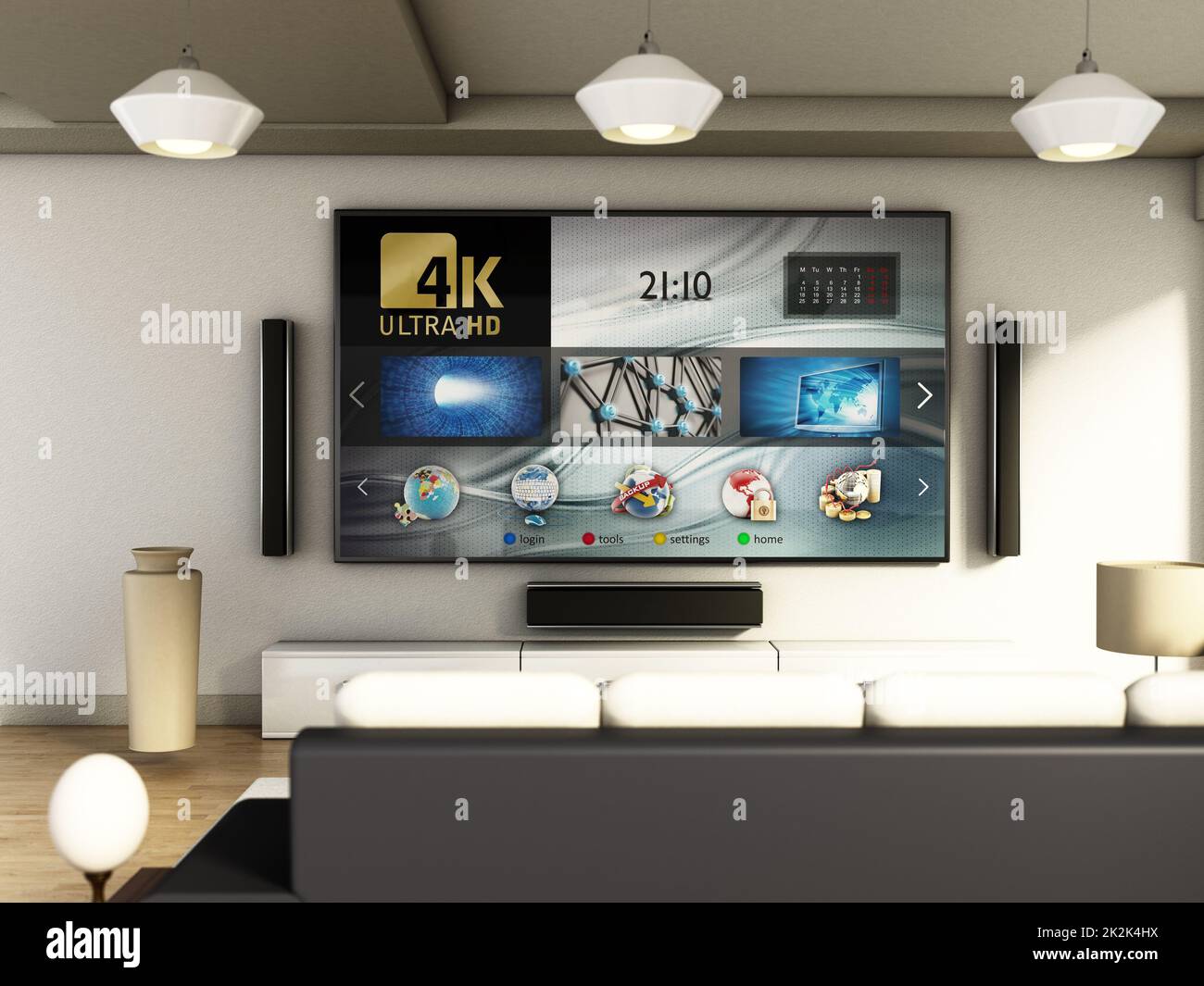 Moderna camera Smart TV di 4K m2 con ampie finestre e pavimento in parquet. Illustrazione 3D Foto Stock